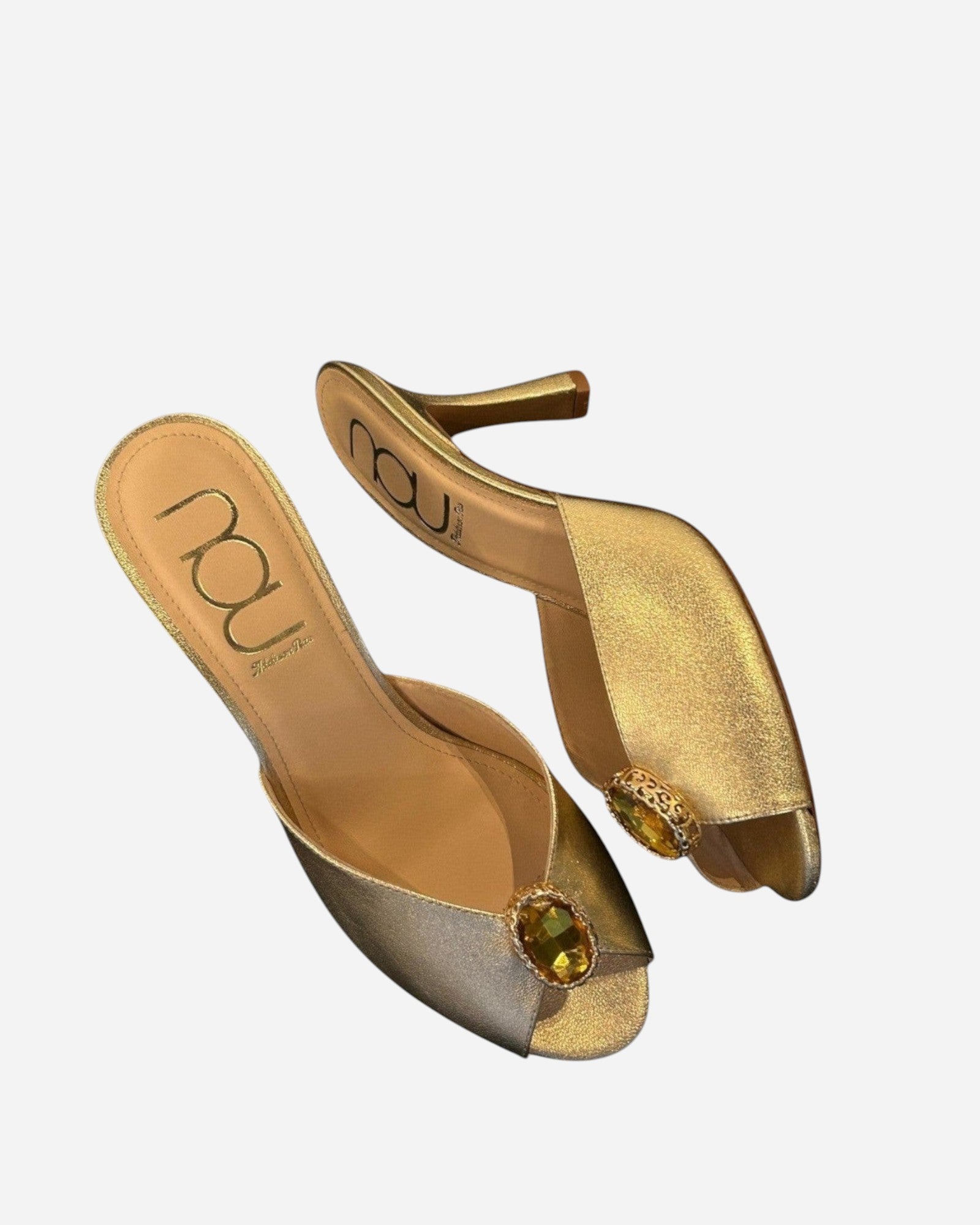 NOU gold metallic leather mules with jeweled embellishments and open toe.