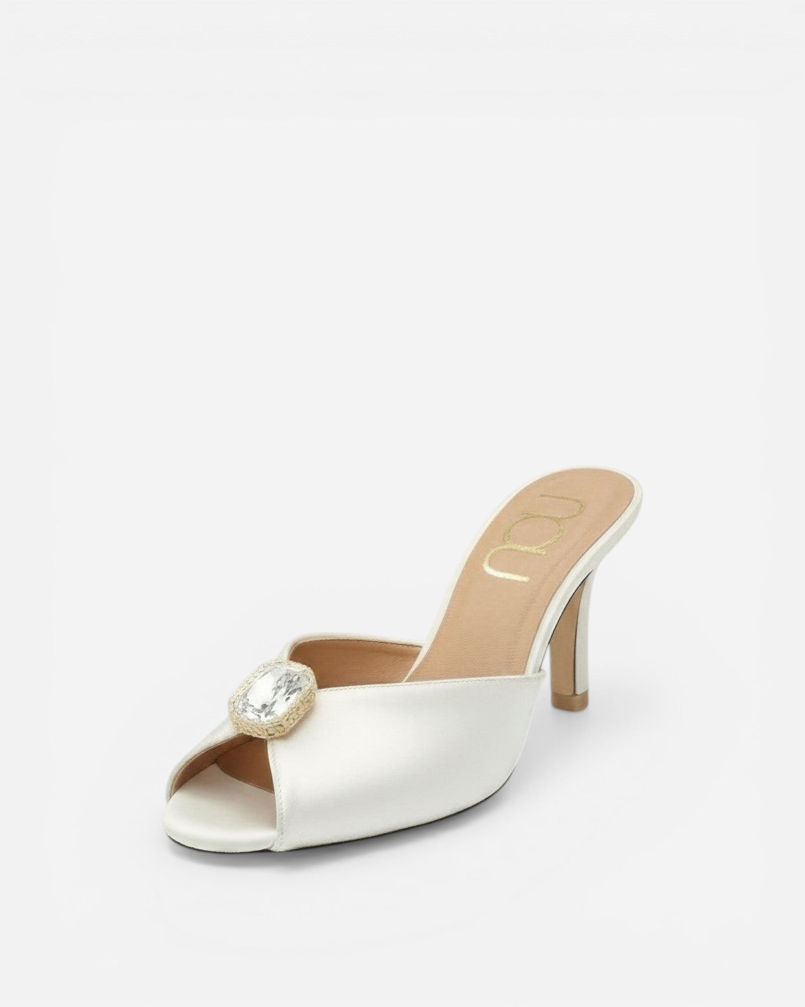 nou the mule in ivory satin gold gem bridal high heel front view