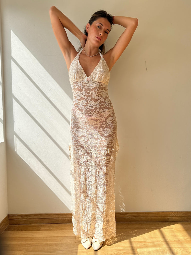 Claire Pettibone Halter Sheer Lace Gown M