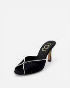 NOU black Italian satin classic mule with cream leather trim and a pointed toe.