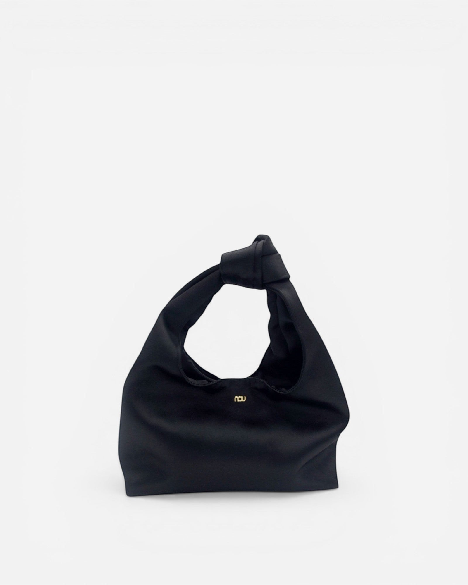 NOU black satin classic mule handbag with knotted strap and gold logo detail.