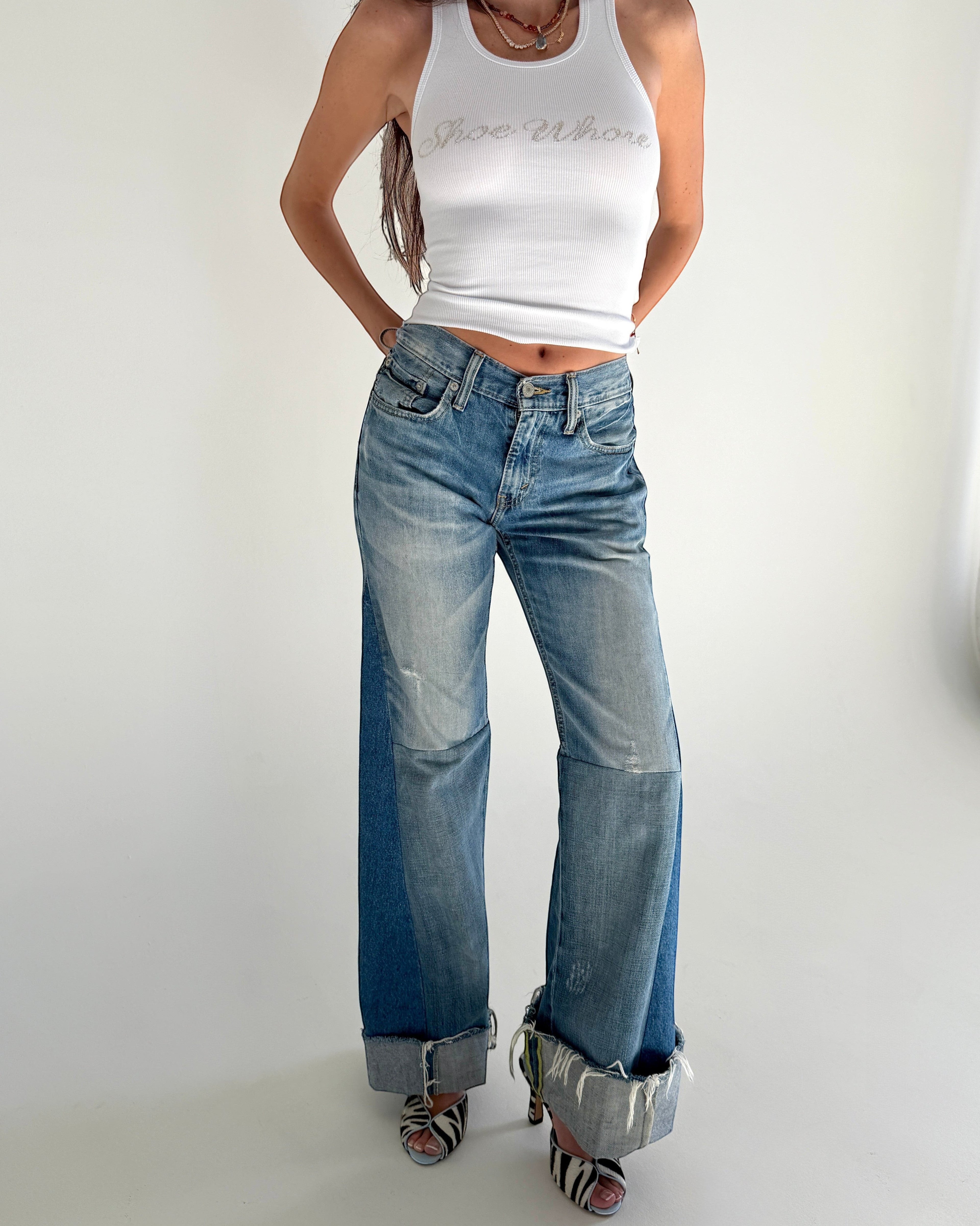 NOU white ribbed tank top with crystal embellished "Shoe Whore" graphic and raw hem.