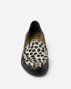 NOU The Driver black leather loafer with Dalmatian print ponyhair detail on a white background