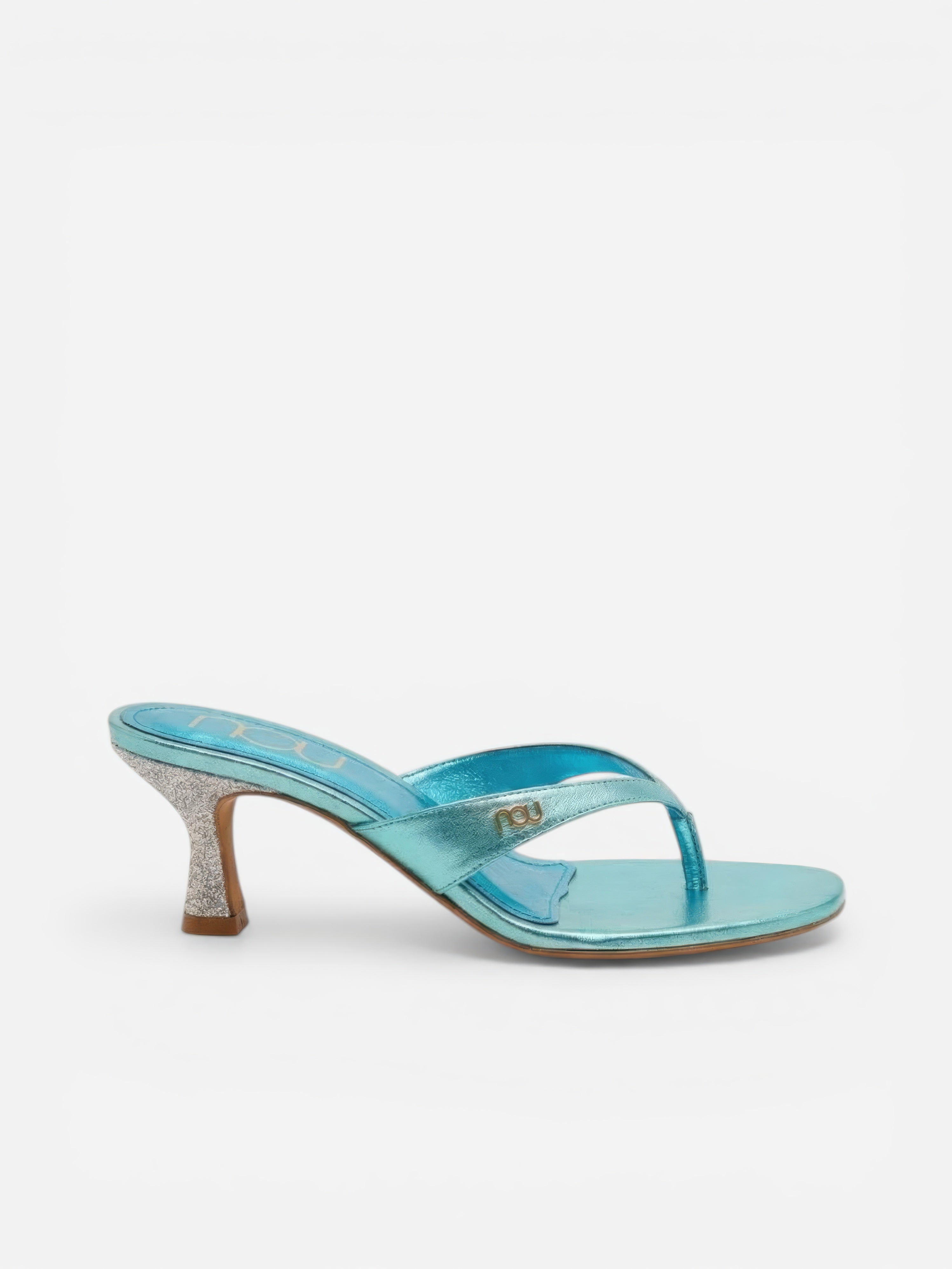 Blue high-heeled sandal on a white background