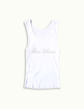 White tank top with 'Shoe Whore' text on a white background