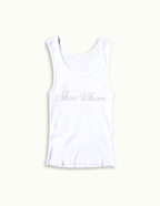 White tank top with 'Shoe Whore' text on a white background