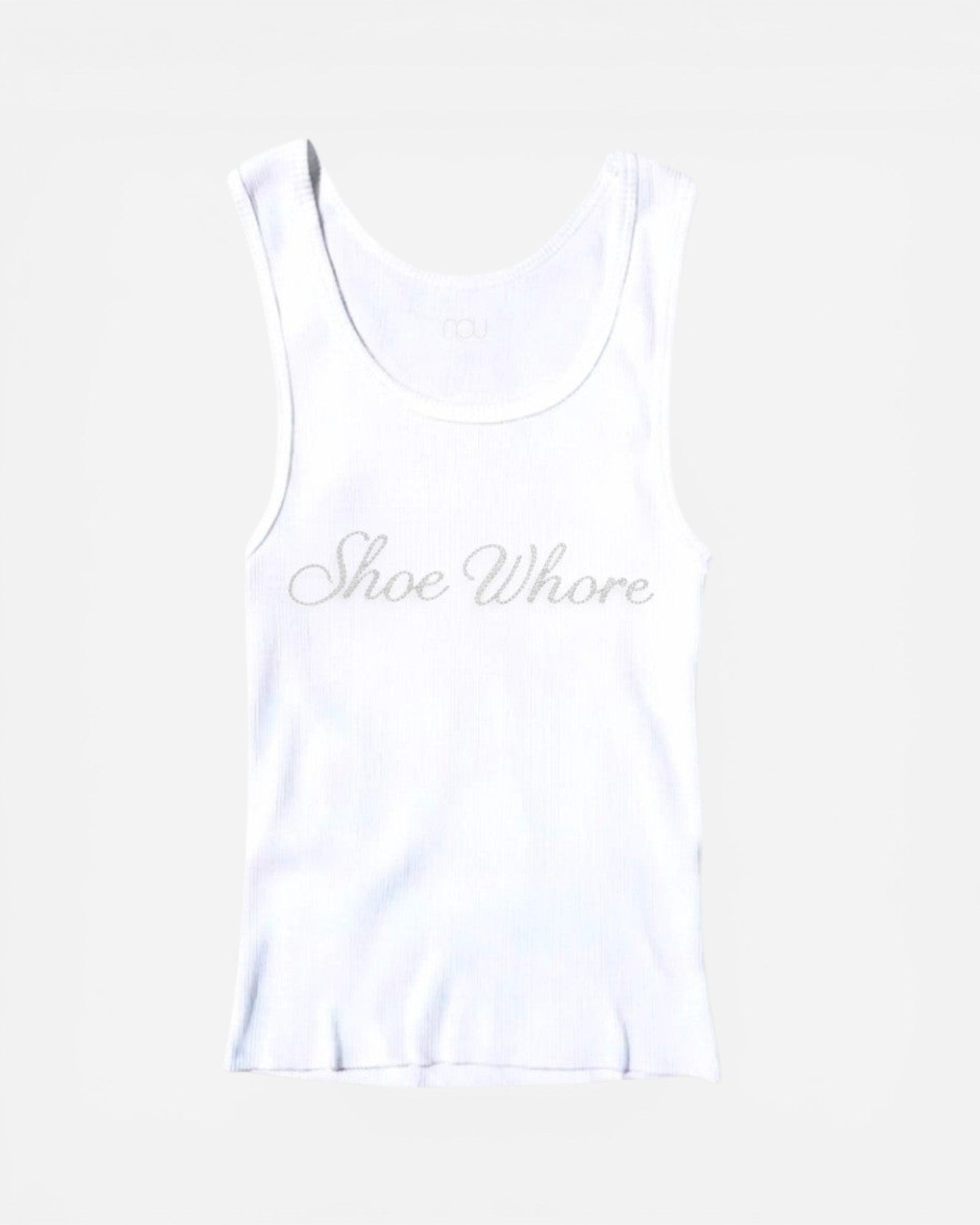 White tank top with 'Shoe Whore' text on a white background