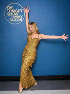 NOU Addison Mule gold sequin fringe dress with strappy shoulders, perfect for a glamorous evening event.