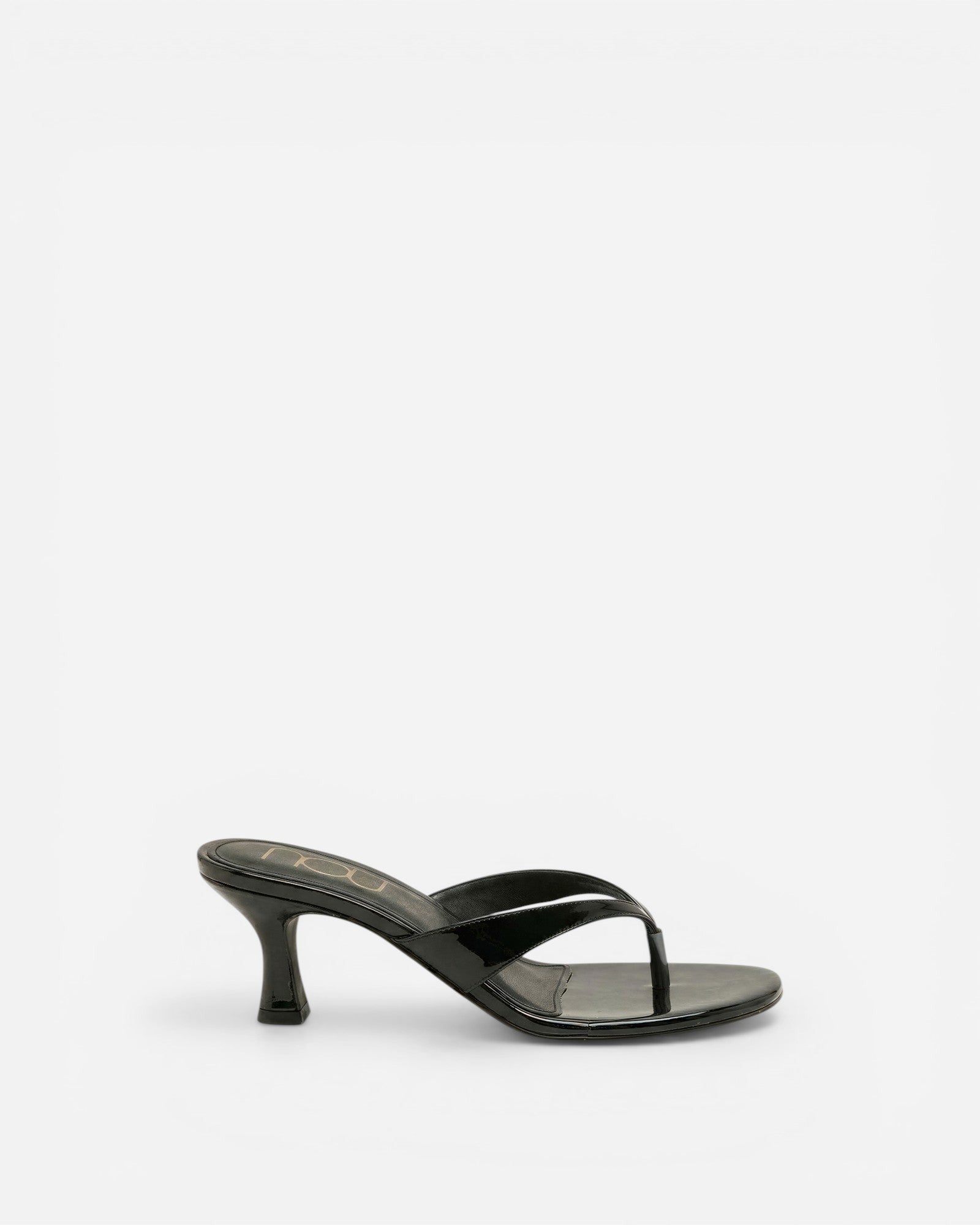 NOU The Kitty black patent leather thong kitten heel sandals with a sleek minimalist design