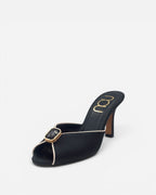 NOU black satin mule heels with cream trim and a unique gemstone embellishment. Italian made.