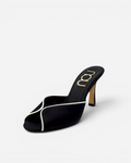 NOU black satin mule with cream leather trim and a 3-inch heel, featuring a padded insole and open-toe design.