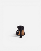 NOU The Mule in black Italian satin with cream leather trim and a 3-inch heel, back view.