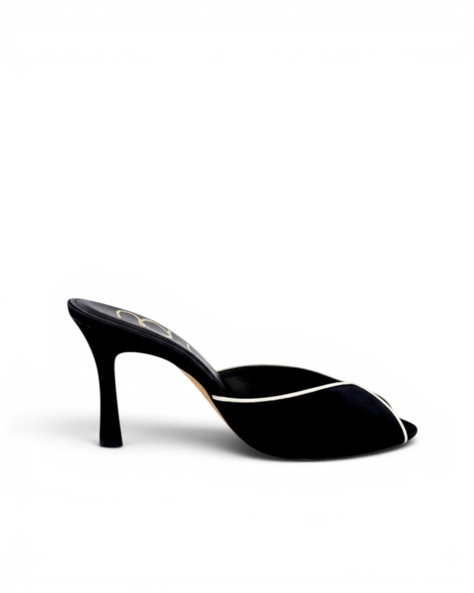 NOU black Italian satin classic mule with cream leather trim and pointed toe.