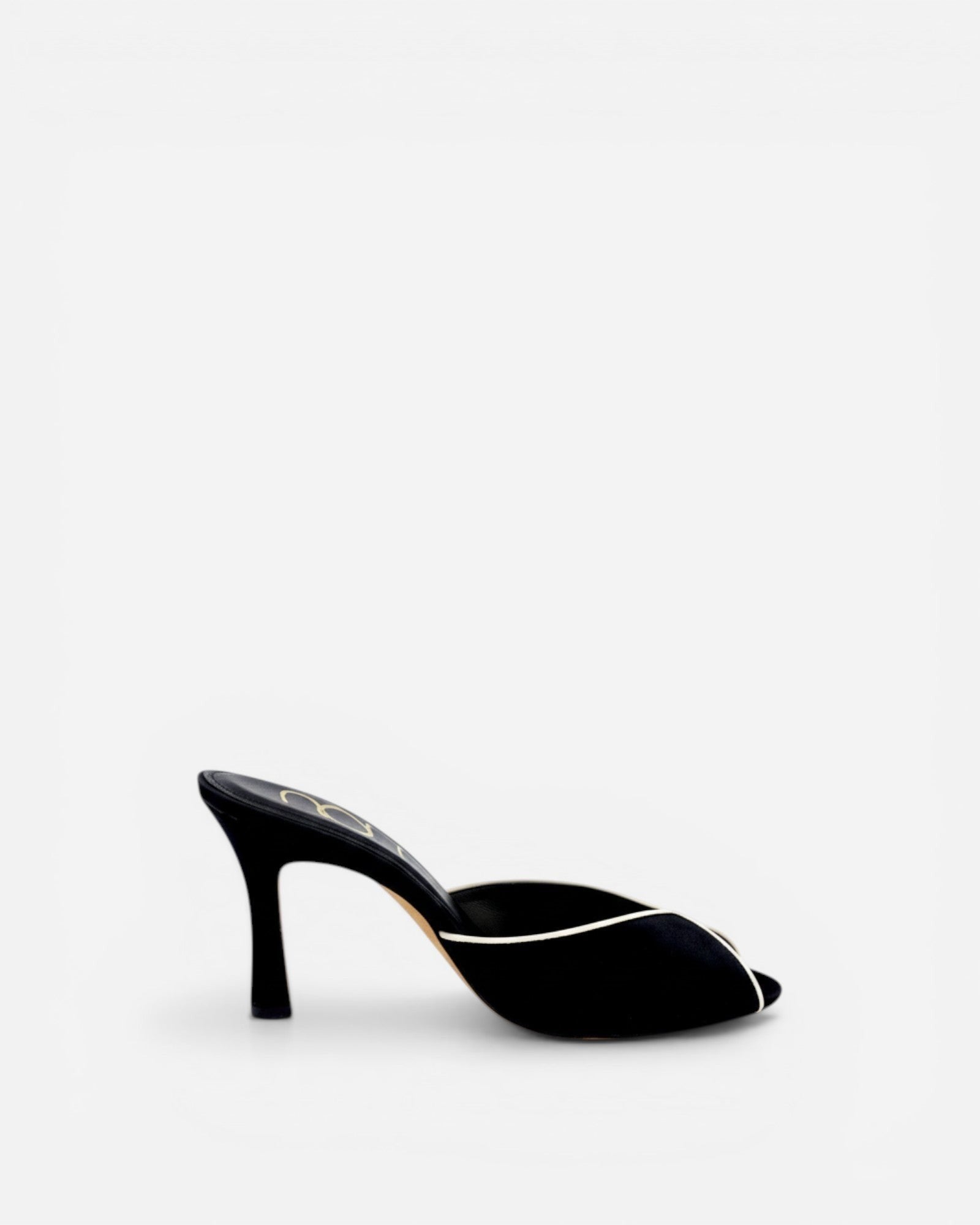 NOU black Italian satin classic mule with cream leather trim and pointed toe.