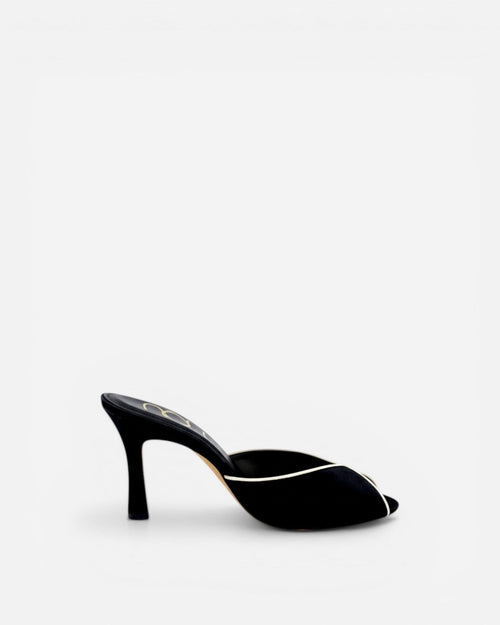 NOU black Italian satin classic mule with cream leather trim and pointed toe.