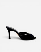 NOU black Italian satin classic mule with cream leather trim and pointed toe.