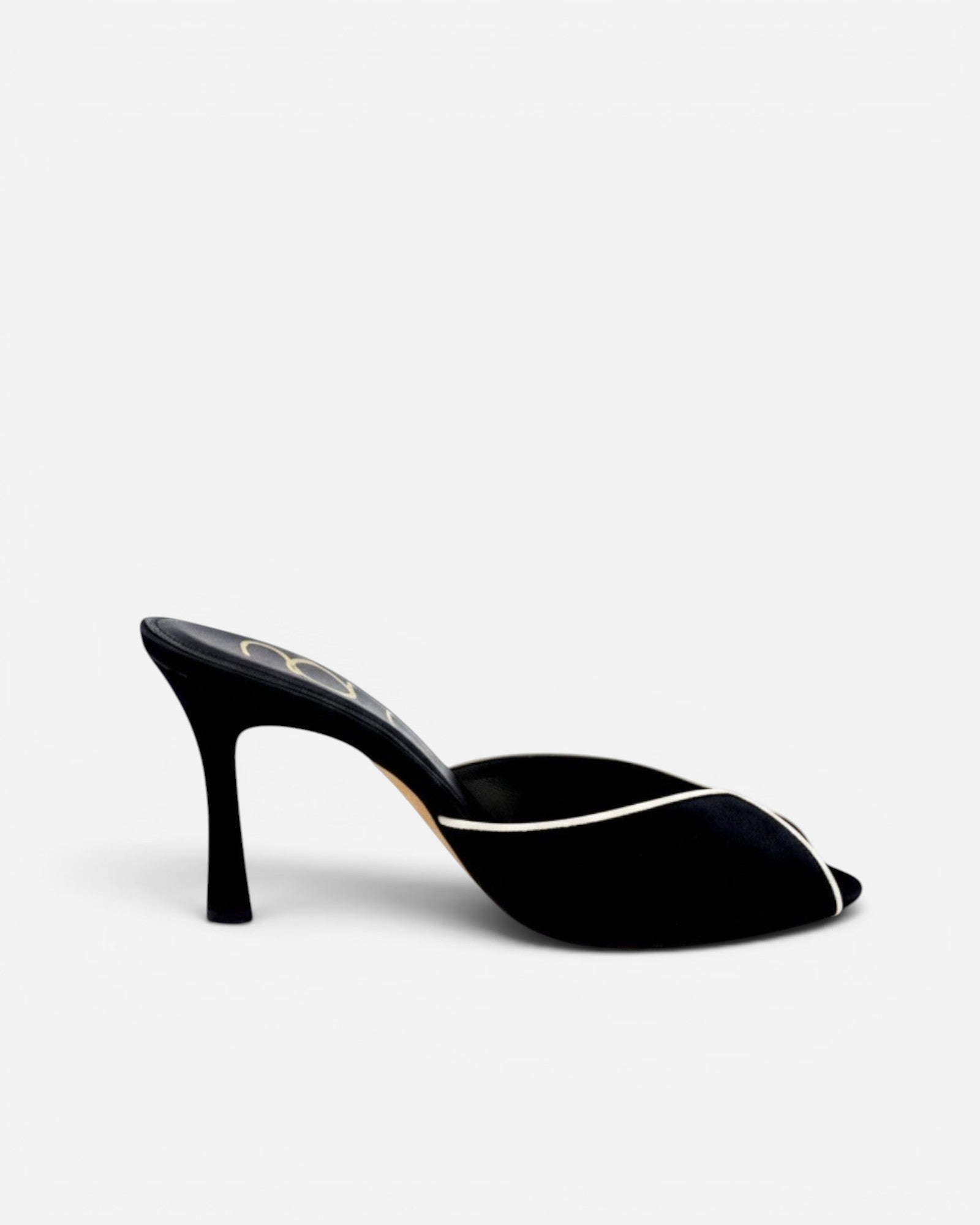 NOU black Italian satin classic mule with cream leather trim and pointed toe.