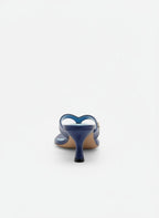 NOU The Kitty blue embossed snakeskin leather kitten heel sandal with metallic blue insole and gold logo detail.