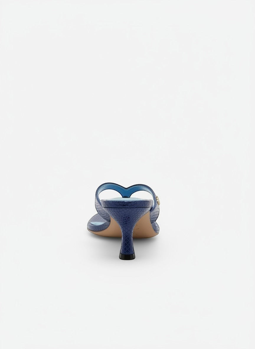NOU The Kitty blue embossed snakeskin leather kitten heel sandal with metallic blue insole and gold logo detail.