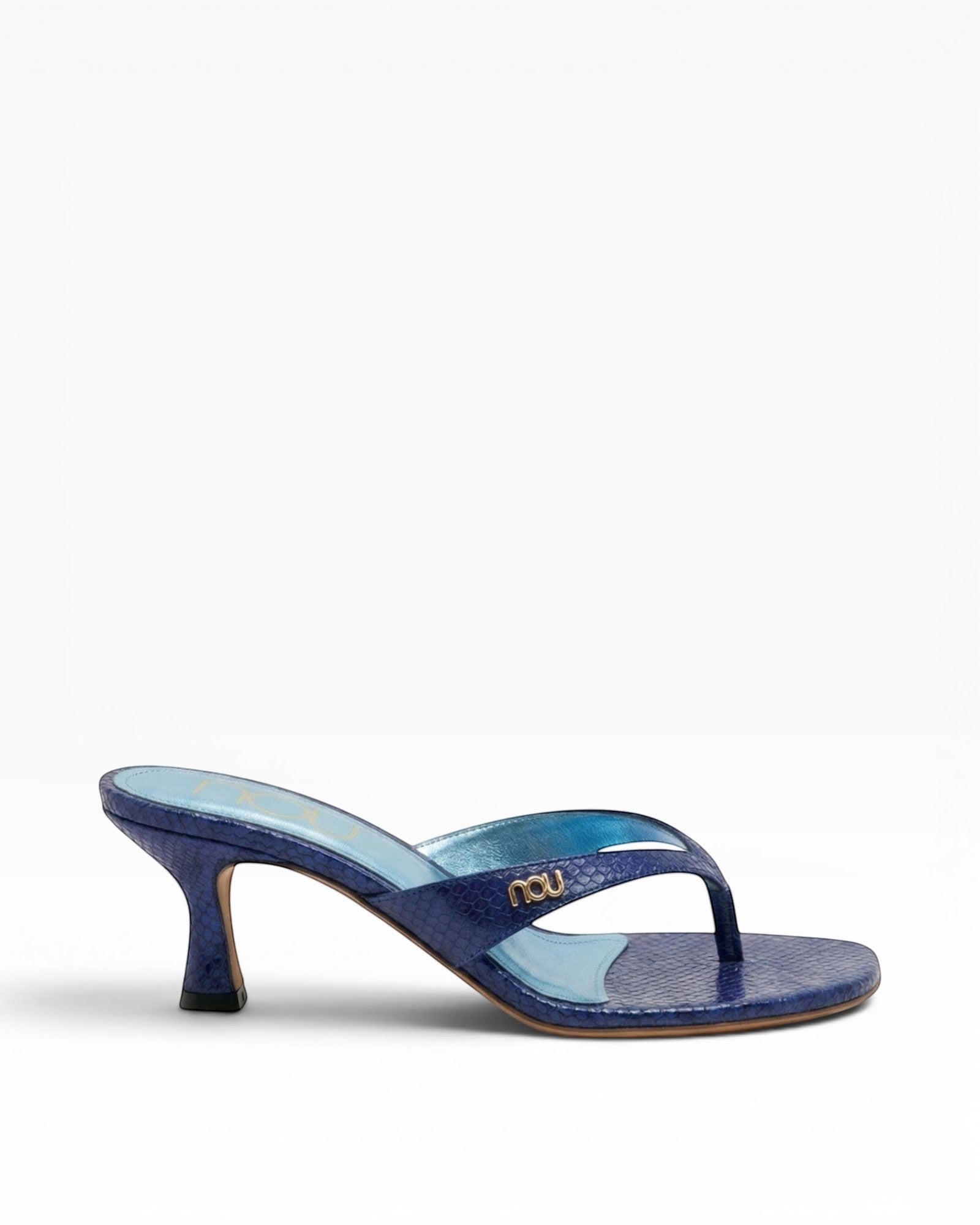 NOU The Kitty blue snakeskin-embossed leather kitten heel thong sandal with gold logo detail