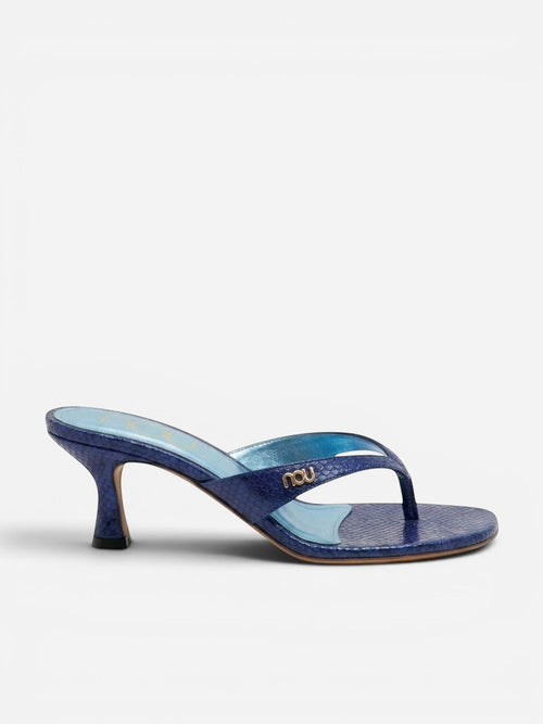 NOU The Kitty blue embossed snakeskin leather kitten heel sandal with metallic blue insole and gold logo detail.