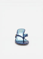 NOU The Kitty blue embossed snakeskin leather kitten heel sandal with metallic blue insole and gold logo detail.