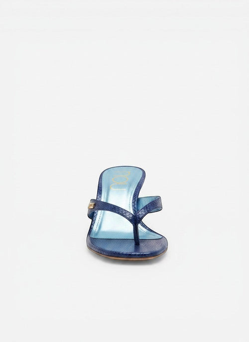 NOU The Kitty blue embossed snakeskin leather kitten heel sandal with metallic blue insole and gold logo detail.
