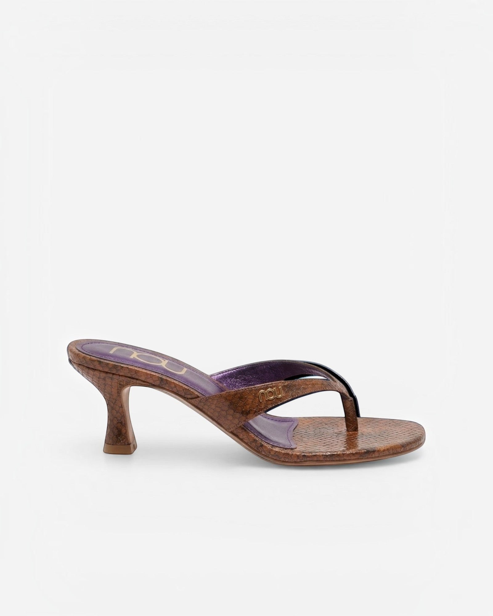 NOU The Kitty brown snakeskin print kitten heel thong sandal with purple insole