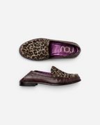 NOU The Driver loafers in burgundy leather with leopard print ponyhair accents, shown from top and side views.