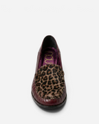 NOU The Driver loafer in burgundy leather with a leopard print ponyhair vamp and cushioned interior.