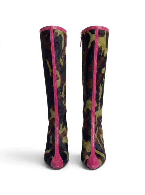 NOU The Boot in camo print ponyhair with metallic burgundy trim and rhinestone zipper detail