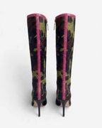 NOU The Boot in camo ponyhair with metallic burgundy trim and back zipper, shown from a rear view.