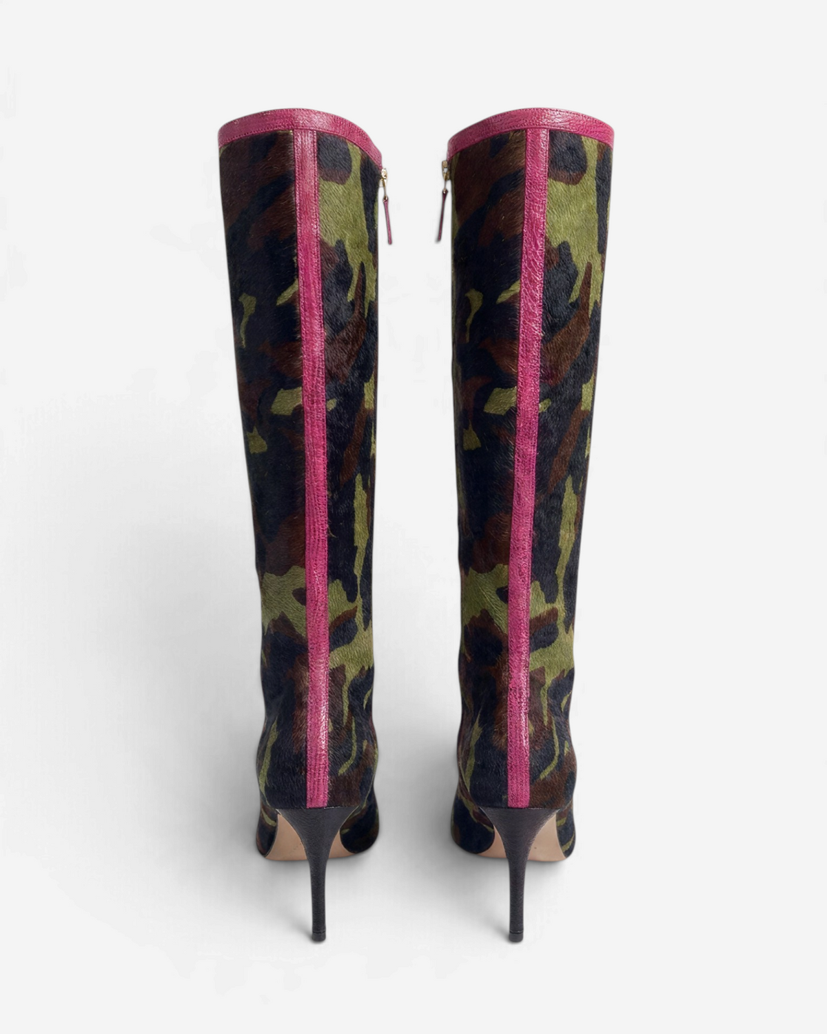 NOU The Boot in camo ponyhair with metallic burgundy trim and back zipper, shown from a rear view.