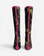 NOU The Boot in camo ponyhair with pink leather trim and rhinestone zipper detail, front view.