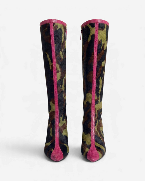 NOU The Boot in camo ponyhair with pink leather trim and rhinestone zipper detail, front view.