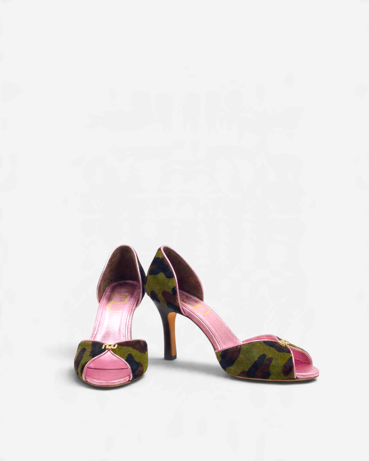 NOU The Pump heels in camo ponyhair with metallic baby pink insoles and peep-toe design