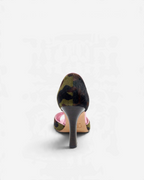 NOU The Pump heels in camo ponyhair with a metallic baby pink insole, back view showing the dark stiletto heel.