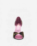 NOU The Pump heels in camo ponyhair with metallic baby pink interior and open-toe design