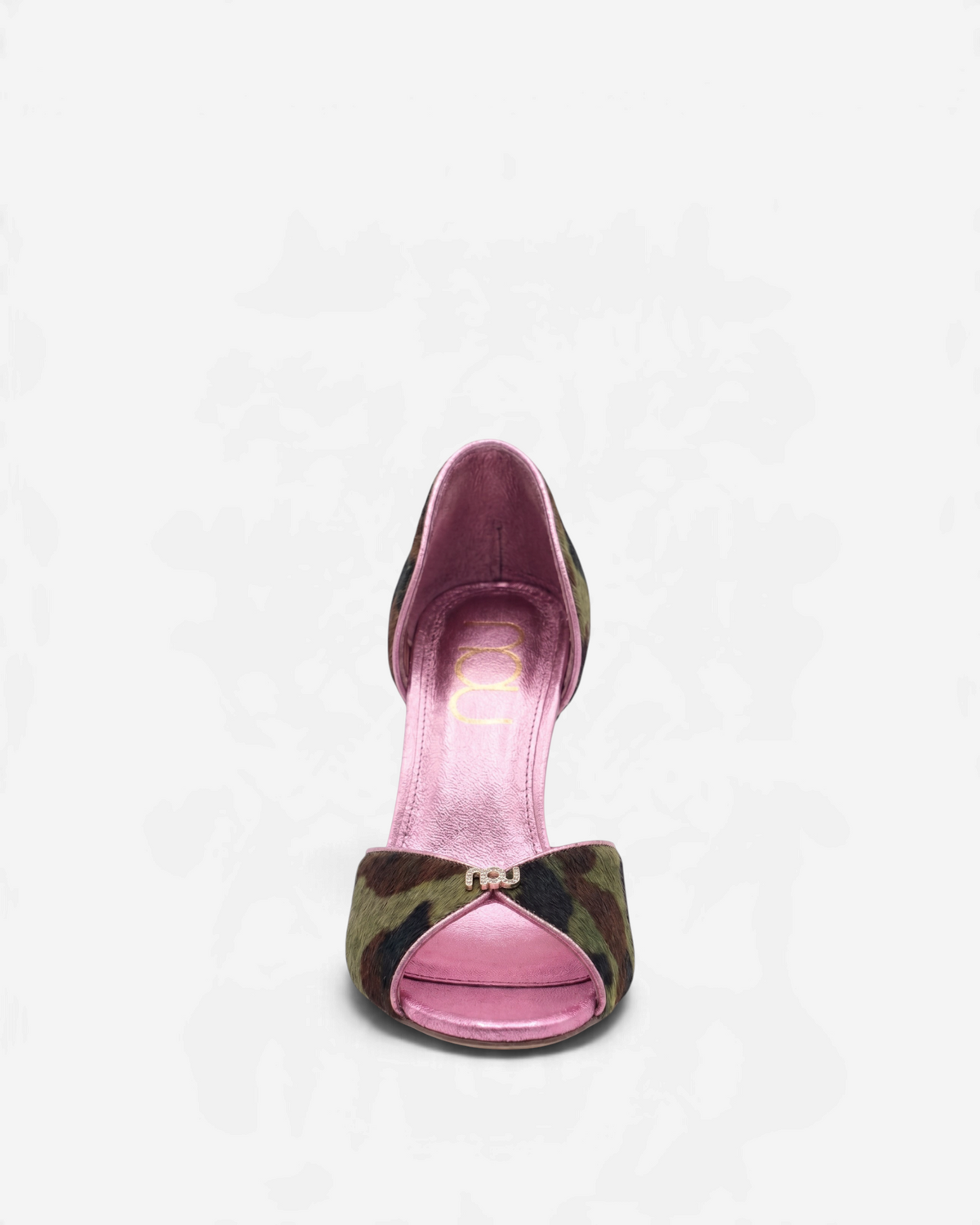 NOU The Pump heels in camo ponyhair with metallic baby pink interior and open-toe design