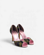 NOU The Pump heels in camo ponyhair with metallic baby pink insoles and open-toe design