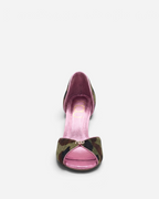 NOU The Pump shoe in camo ponyhair with metallic baby pink insole and peep-toe design