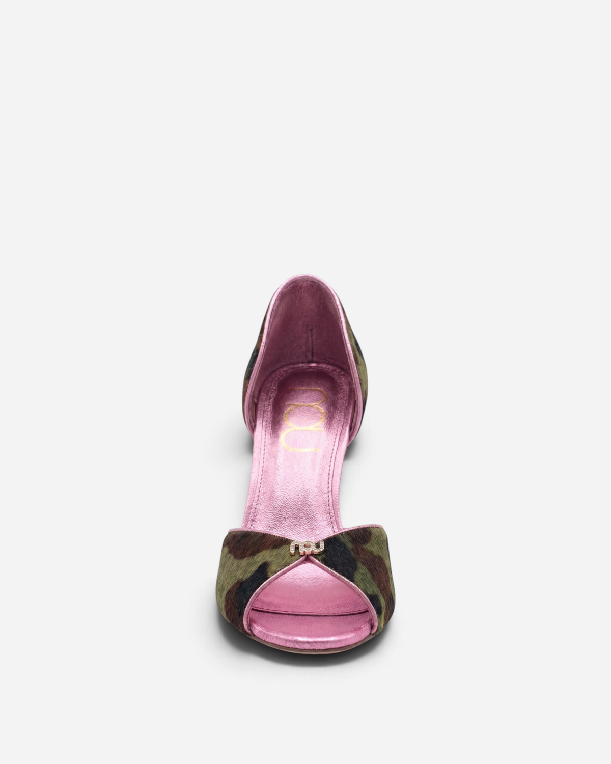 NOU The Pump shoe in camo ponyhair with metallic baby pink insole and peep-toe design