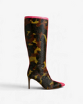 NOU The Boot in camo ponyhair with metallic burgundy trim, pointed toe, and stiletto heel.