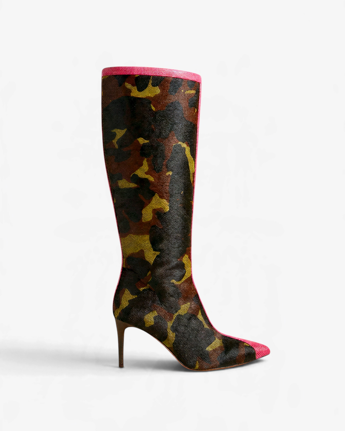 NOU The Boot in camo ponyhair with metallic burgundy trim, pointed toe, and stiletto heel.