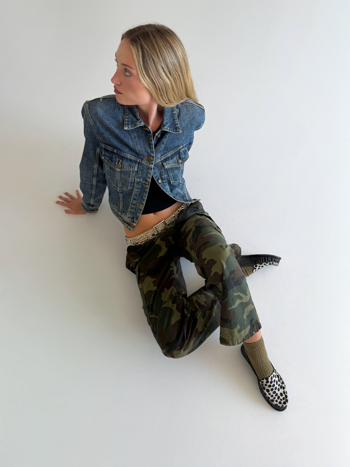 model wearing the dlamatian print ponyhaid driver by nou