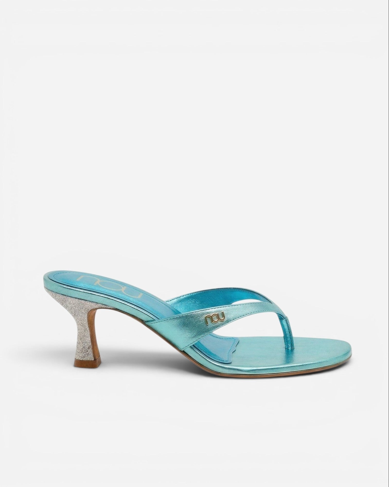 NOU The Kitty metallic blue kitten heel thong sandal with a glittery heel detail