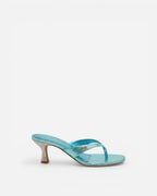 NOU The Kitty metallic turquoise kitten heel thong sandal with a sparkling silver heel