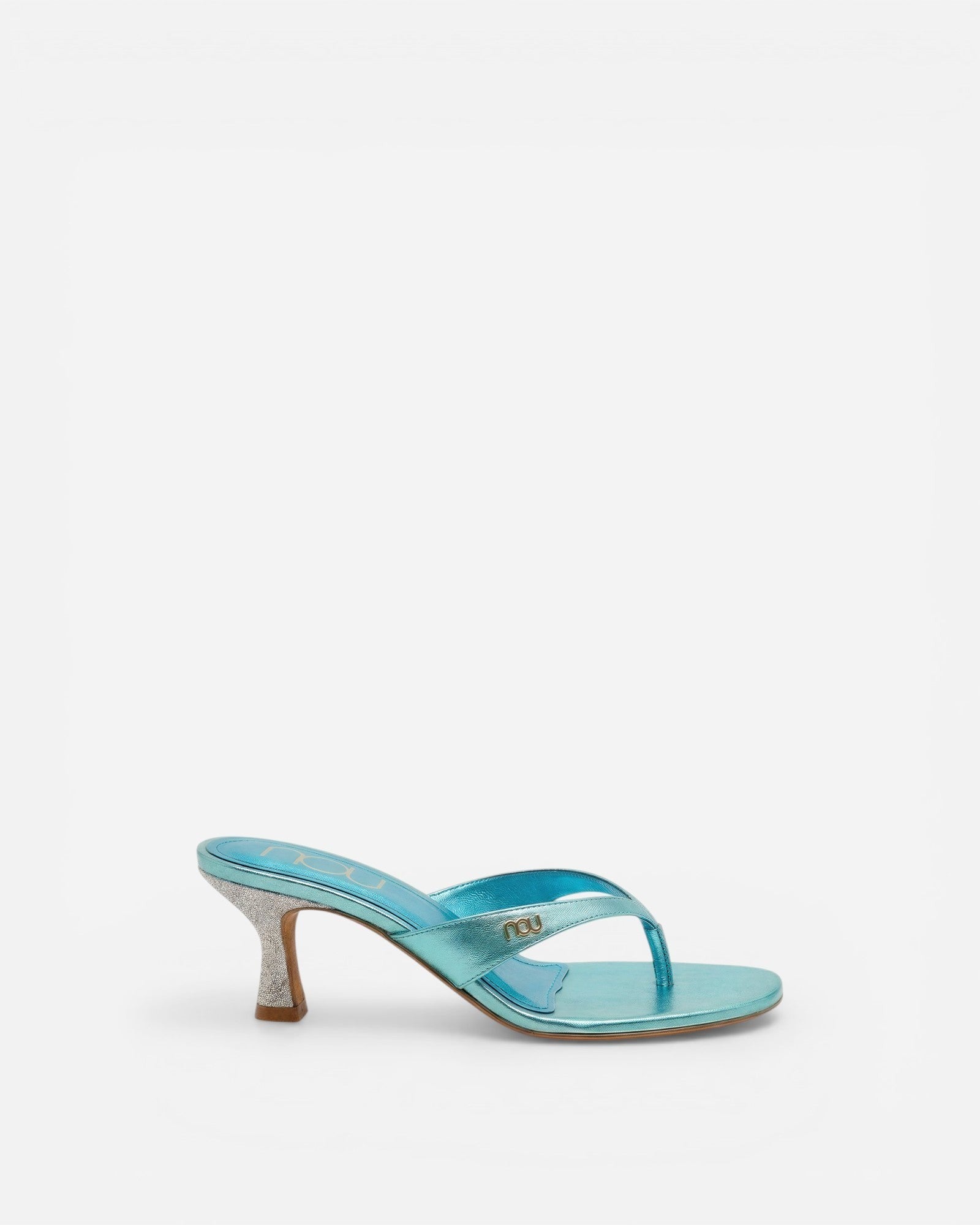 NOU The Kitty metallic turquoise kitten heel thong sandal with a sparkling silver heel
