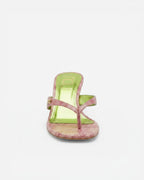 NOU The Kitty sandal in petal pink snakeskin finish with a metallic green insole and gold logo detail.