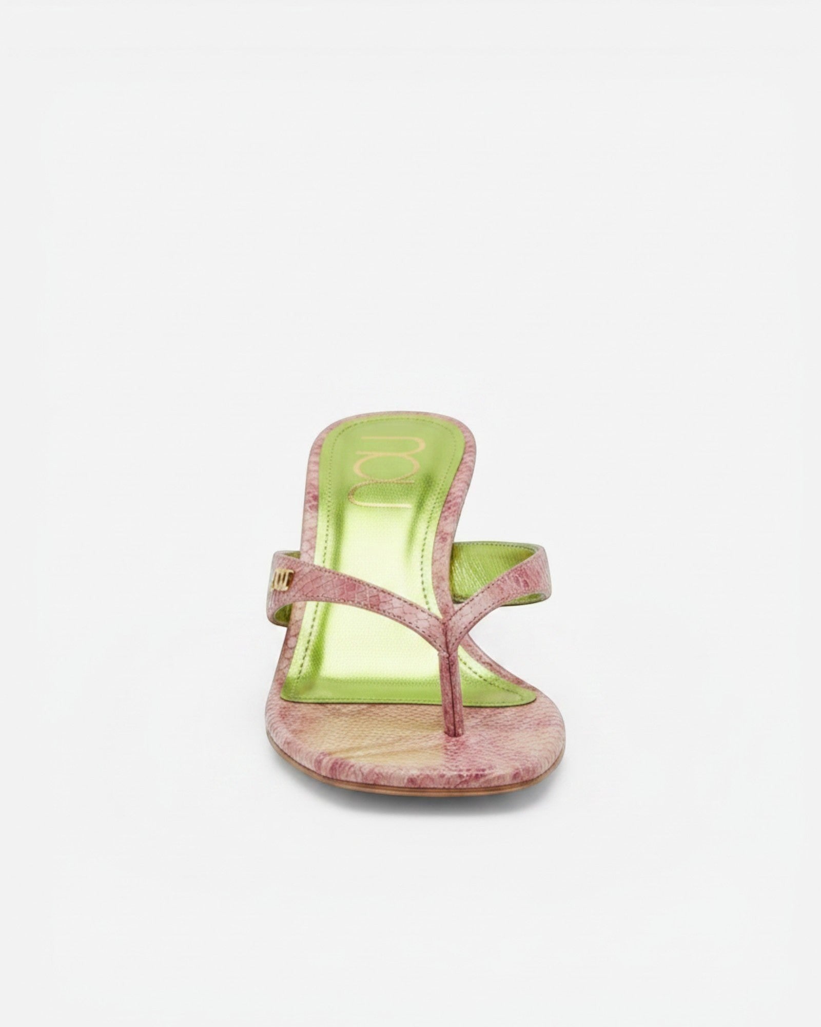 NOU The Kitty sandal in petal pink snakeskin finish with a metallic green insole and gold logo detail.
